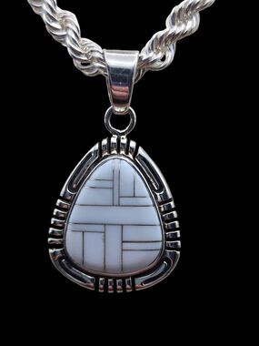 Sterling Silver White Howlite Inlay Teardrop Pendant Feather Hallmark